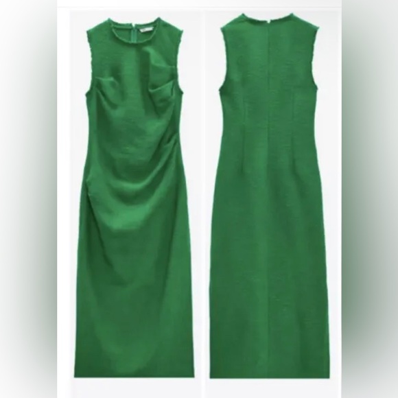Zara Green Long Texture Fringe Weave Tweed Midi Pencil Bodycon Dress Size Medium - Picture 1 of 8